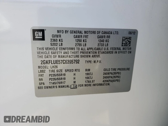 2012 GMC Terrain SLT-1 with VIN 2GKFLUE57C6395792, listed as a Copart auction lot 46750335 with 100,996 mi miles and Salvage Title. Bid and sale history available at carsss.com. Image 14.