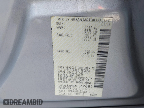 2016 Nissan Altima S with VIN 1N4AL3AP6GN327692, listed as a IAAI auction lot 41309486 with 81,493 mi miles and . Bid and sale history available at carsss.com. Image 9.