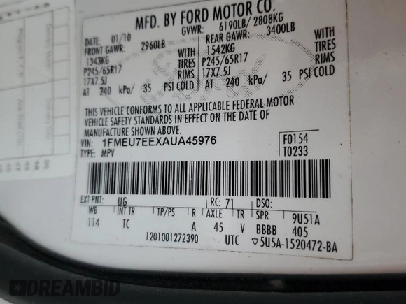 2010 Ford Explorer Eddie Bauer with VIN 1FMEU7EEXAUA45976, listed as a Copart auction lot 40256614 with Not Provided miles and Salvage Title. Bid and sale history available at carsss.com. Image 13.