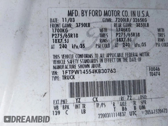 2004 Ford F-150 XLT with VIN 1FTPW14554KB30763, listed as a IAAI auction lot 41691684 with 200,618 mi miles. Bid and sale history available at carsss.com. Image 9.