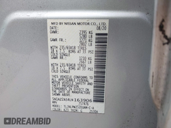 2020 Nissan Murano S with VIN 5N1AZ2AS4LN163906, listed as a IAAI auction lot 41932468 with 58,992 mi miles and . Bid and sale history available at DreamBid. Image 9.