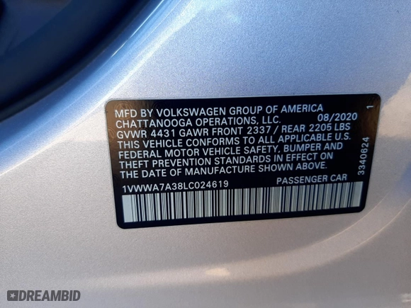 2020 Volkswagen Passat 2.0T SE with VIN 1VWWA7A38LC024619, listed as a Copart auction lot 40283213 with 28,860 mi miles. Bid and sale history available at carsss.com. Image 12.