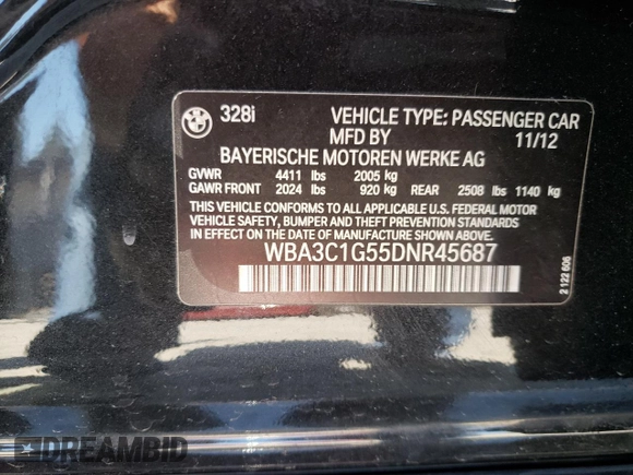 2013 BMW 3 Series 328i with VIN WBA3C1G55DNR45687, listed as a Copart auction lot 53390025 with 129,165 mi miles and Salvage Title. Bid and sale history available at carsss.com. Image 14.