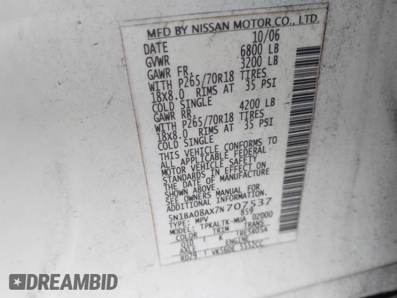 2007 Nissan Armada SE z VIN 5N1BA08AX7N707537, wystawiony jako IAAI lot #41563441 z przebiegiem 297 927 mil mil oraz . Historia ofert i sprzedaży dostępna na DreamBid. Obrazek 9.