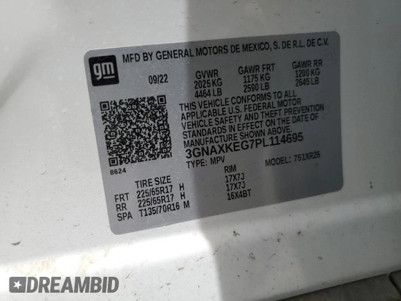 2023 Chevrolet Equinox LT with VIN 3GNAXKEG7PL114695, listed as a Copart auction lot 58258595 with Not provided miles and Salvage title. Bid and sale history available at DreamBid. Image 14.