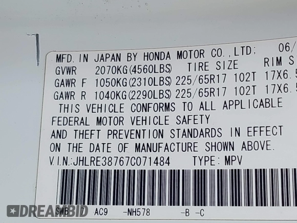2007 Honda CR-V EX-L with VIN JHLRE38767C071484, listed as a IAAI auction lot 42030096 with 276,239 mi miles and . Bid and sale history available at carsss.com. Image 9.