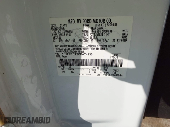 2012 Ford F-150 XL with VIN 1FTFX1ET2CFA74133, listed as a IAAI auction lot 42052273 with 223,019 mi miles and . Bid and sale history available at DreamBid. Image 9.