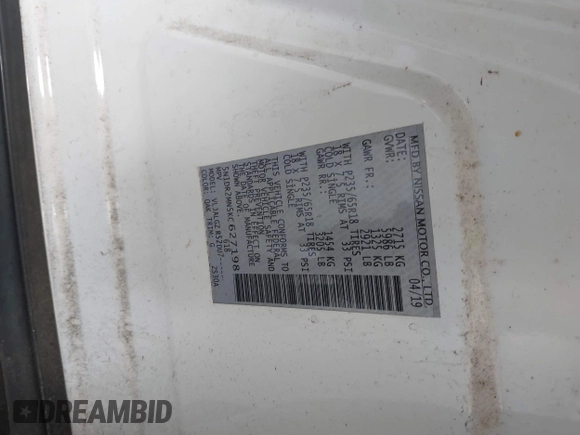 2019 Nissan Pathfinder SV z VIN 5N1DR2MN5KC627198, wystawiony jako IAAI lot #42209161 z przebiegiem 62 801 mil mil oraz . Historia ofert i sprzedaży dostępna na DreamBid. Obrazek 9.