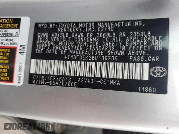 2011 Toyota Camry LE with VIN 4T1BF3EK2BU136706, listed as a Copart auction lot 60359205 with 278,911 mi miles and Salvage title. Bid and sale history available at DreamBid. Image 12.