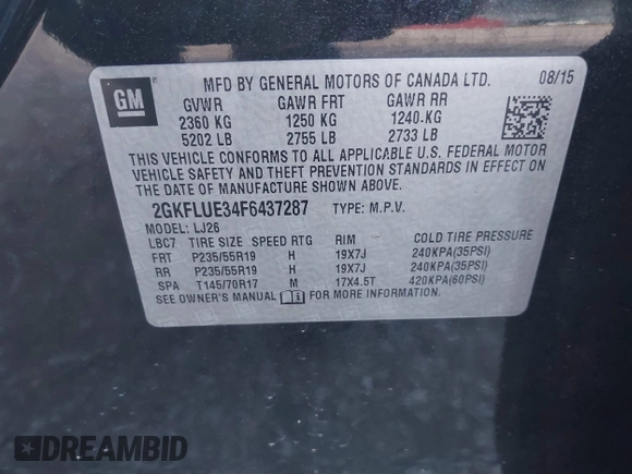 2015 GMC Terrain Denali with VIN 2GKFLUE34F6437287, listed as a IAAI auction lot 41157404 with 257,346 mi miles. Bid and sale history available at carsss.com. Image 9.