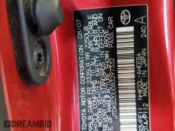 2008 Toyota Prius with VIN JTDKB20U083297332, listed as a Copart auction lot 51336265 with 220,138 mi miles and Salvage Title. Bid and sale history available at DreamBid. Image 13.
