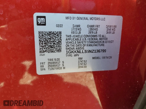 2022 GMC Acadia AT4 with VIN 1GKKNLLS5NZ136799, listed as a Copart auction lot 52174425 with 31,201 mi miles and Salvage title. Bid and sale history available at DreamBid. Image 13.