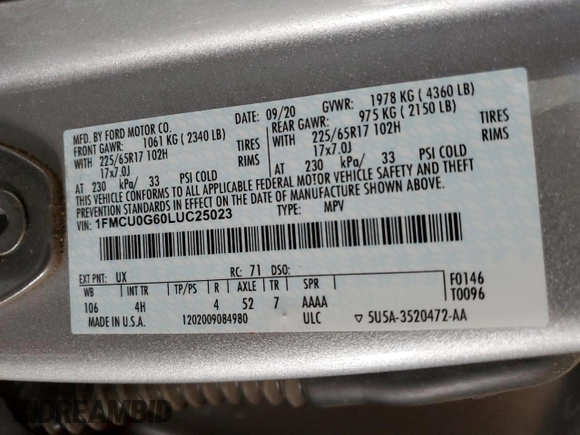 2020 Ford Escape SE with VIN 1FMCU0G60LUC25023, listed as a Copart auction lot 52728735 with 112,966 mi miles and Salvage title. Bid and sale history available at DreamBid. Image 12.