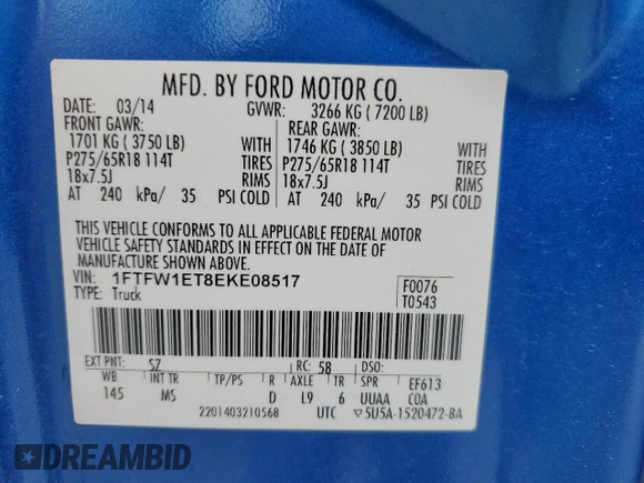 2014 Ford F-150 XL с VIN 1FTFW1ET8EKE08517, выставлен на аукционе Copart как лот 60460085 с пробегом 248 924 миль миль и Списание • Salvage title. История ставок и продаж доступна на DreamBid. Изображение 12.