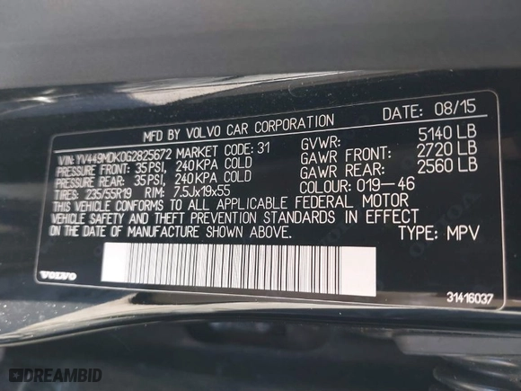 2016 Volvo XC60 T6 Drive-E with VIN YV449MDK0G2825672, listed as a IAAI auction lot 41351214 with 140,633 mi miles. Bid and sale history available at carsss.com. Image 9.