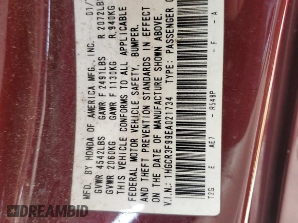 2014 Honda Accord Touring with VIN 1HGCR3F99EA021734, listed as a Copart auction lot 59976805 with 141,020 mi miles and Salvage title. Bid and sale history available at DreamBid. Image 12.