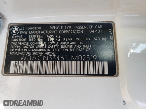 2001 BMW Z3 2.5 z VIN WBACN33461LM02519, wystawiony jako Copart lot #46251135 z przebiegiem 140 328 mil mil oraz Szkody całkowita. Historia ofert i sprzedaży dostępna na DreamBid. Obrazek 12.
