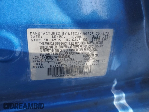 2021 Nissan Versa S with VIN 3N1CN8DV2ML809398, listed as a Copart auction lot 57832835 with 75,680 mi miles and Salvage title. Bid and sale history available at DreamBid. Image 12.
