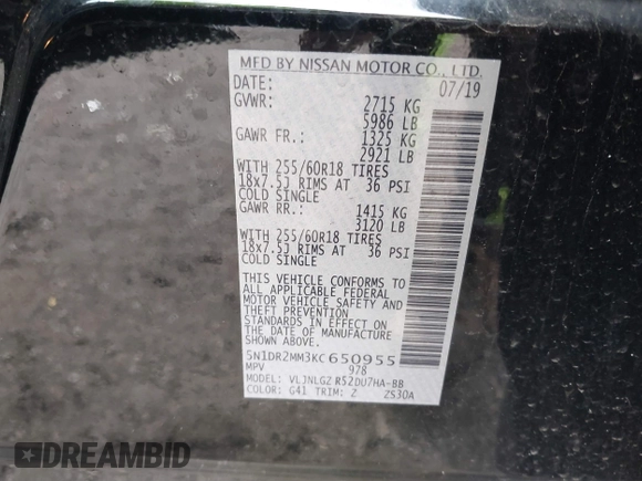 2019 Nissan Pathfinder S с VIN 5N1DR2MM3KC650955, выставлен на аукционе IAAI как лот 41463501 с пробегом 65 227 миль миль и . История ставок и продаж доступна на DreamBid. Изображение 9.