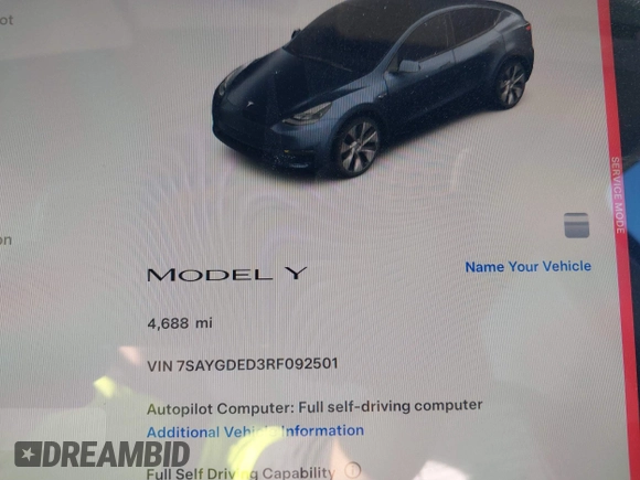 2024 Tesla Model Y with VIN 7SAYGDED3RF092501, listed as a IAAI auction lot 40820923 with 4,688 mi miles and . Bid and sale history available at DreamBid. Image 15.
