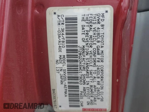 1998 Toyota Camry LE z VIN JT2BG22K6W0179063, wystawiony jako Copart lot #56998295 z przebiegiem 251 129 mil mil oraz Szkoda całkowita • Salvage title. Historia ofert i sprzedaży dostępna na DreamBid. Obrazek 12.