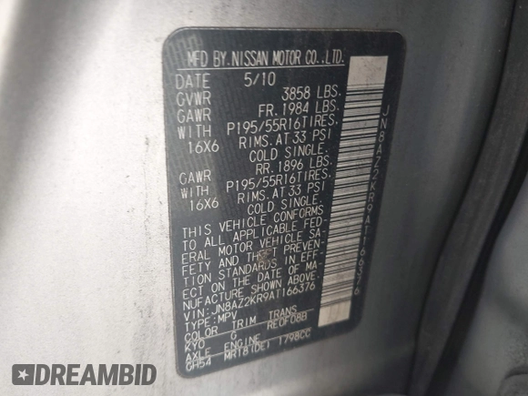 2010 Nissan Cube S z VIN JN8AZ2KR9AT166376, wystawiony jako IAAI lot #42252505 z przebiegiem 147 169 mil mil oraz . Historia ofert i sprzedaży dostępna na DreamBid. Obrazek 9.
