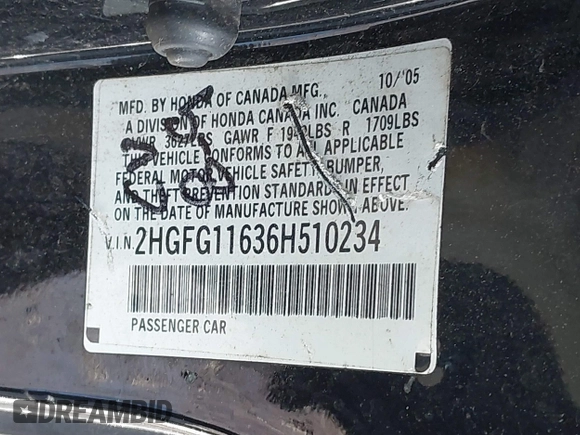 2006 Honda Civic Cpe LX with VIN 2HGFG11636H510234, listed as a IAAI auction lot 41757064 with 163,107 mi miles. Bid and sale history available at carsss.com. Image 9.