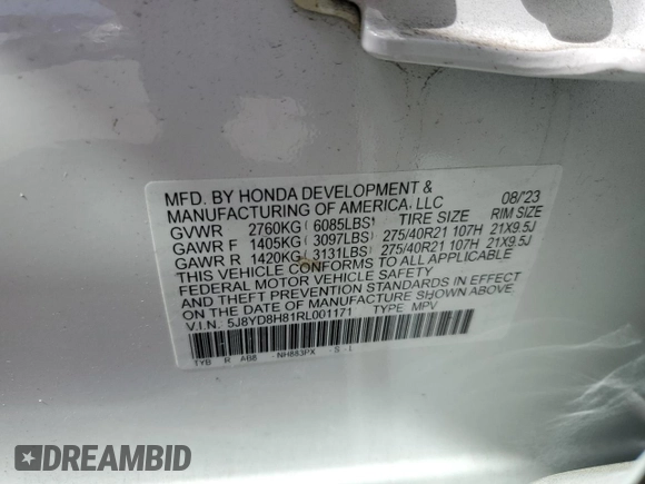2024 Acura MDX Type S w/Advance Package with VIN 5J8YD8H81RL001171, listed as a Copart auction lot 54366615 with 23,669 mi miles and Salvage Title. Bid and sale history available at carsss.com. Image 13.