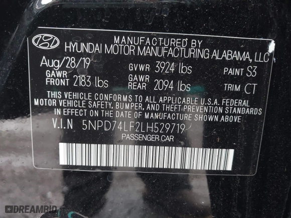 2020 Hyundai Elantra SE with VIN 5NPD74LF2LH529719, listed as a IAAI auction lot 41970104 with 38,928 mi miles. Bid and sale history available at carsss.com. Image 9.