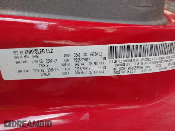2008 Dodge 1500 SLT with VIN 1D7HU18N78S592080, listed as a IAAI auction lot 41816588 with 232,468 mi miles and . Bid and sale history available at DreamBid. Image 9.