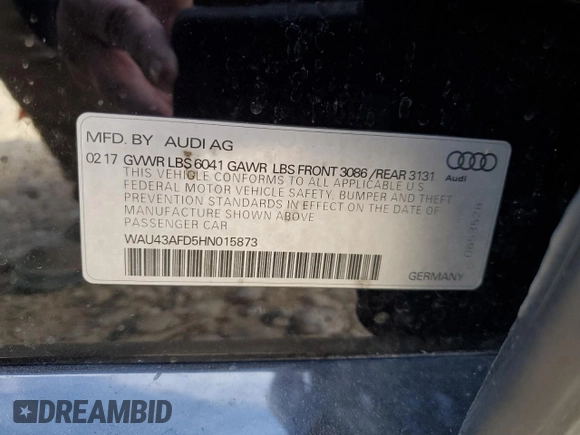 2017 Audi A8 Sport with VIN WAU43AFD5HN015873, listed as a Copart auction lot 87588055 with 122,351 mi miles and Salvage title. Bid and sale history available at DreamBid. Image 12.