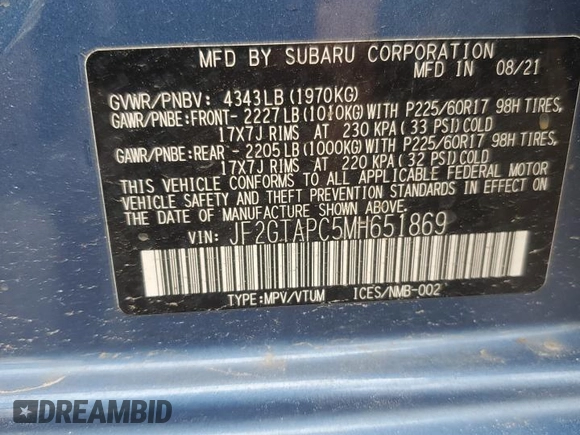 2021 Subaru Crosstrek Premium z VIN JF2GTAPC5MH651869, wystawiony jako Copart lot #58562815 z przebiegiem 32 471 mil mil oraz Szkoda całkowita • Salvage title. Historia ofert i sprzedaży dostępna na DreamBid. Obrazek 13.