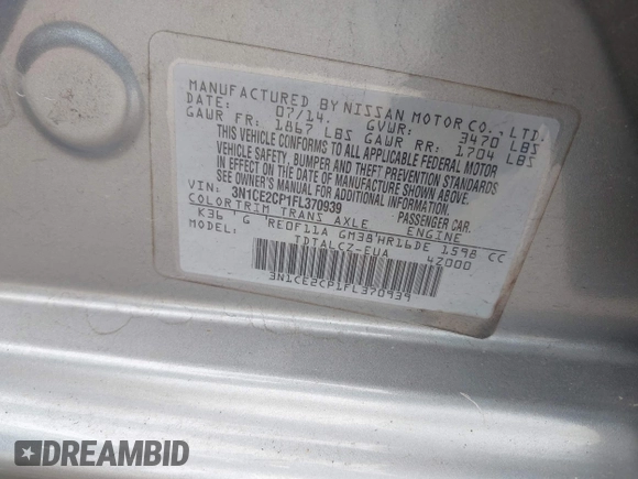 2015 Nissan Note SV with VIN 3N1CE2CP1FL370939, listed as a IAAI auction lot 42149229 with 130,136 mi miles and . Bid and sale history available at DreamBid. Image 9.
