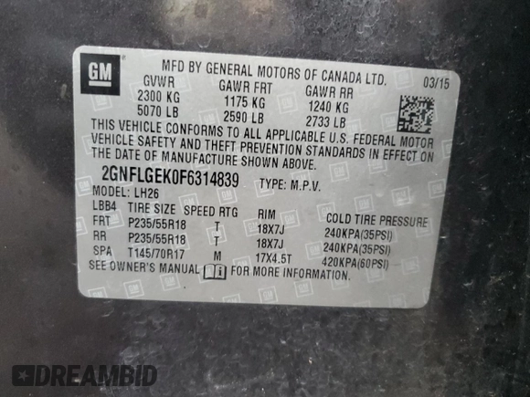 2015 Chevrolet Equinox LT with VIN 2GNFLGEK0F6314839, listed as a Copart auction lot 46631085 with 141,317 mi miles and Salvage Title. Bid and sale history available at carsss.com. Image 15.