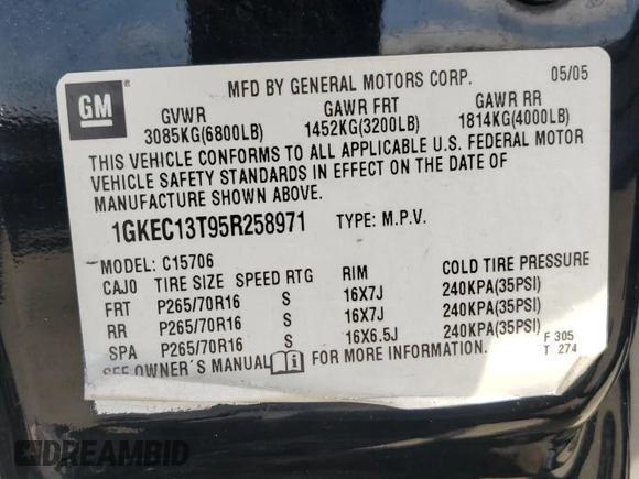 2005 GMC Yukon SLT with VIN 1GKEC13T95R258971, listed as a Copart auction lot 53548835 with 329,345 mi miles and Salvage Title. Bid and sale history available at carsss.com. Image 14.
