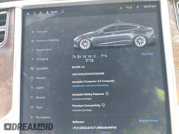 2017 Tesla Model S 60 с VIN 5YJSA1E10HF220006, выставлен на аукционе IAAI как лот 42190629 с пробегом 64 350 миль миль и . История ставок и продаж доступна на DreamBid. Изображение 7.