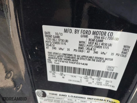 2013 Ford F-150 XL with VIN 1FTFW1ET0DFE01438, listed as a IAAI auction lot 41429042 with 183,757 mi miles. Bid and sale history available at carsss.com. Image 9.