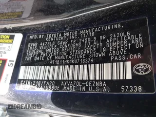 2019 Toyota Camry LE with VIN 4T1B11HK1KU718374, listed as a IAAI auction lot 42071905 with 86,460 mi miles and . Bid and sale history available at DreamBid. Image 9.