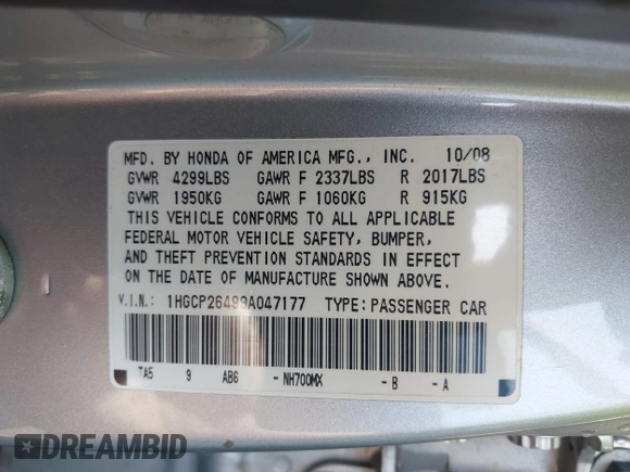 2009 Honda Accord LX-P with VIN 1HGCP26499A047177, listed as a IAAI auction lot 41885819 with 190,111 mi miles and . Bid and sale history available at DreamBid. Image 9.