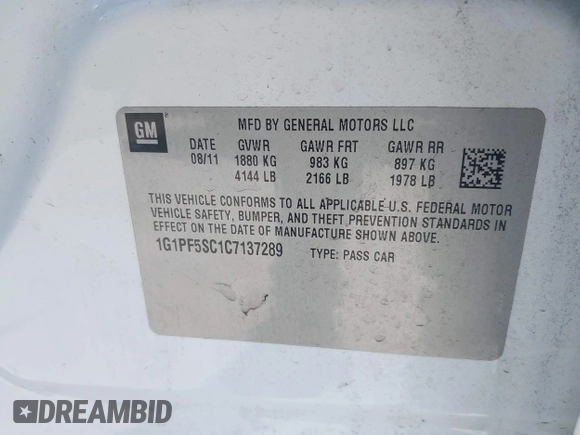 2012 Chevrolet Cruze 1LT with VIN 1G1PF5SC1C7137289, listed as a IAAI auction lot 41998685 with Not Provided miles and . Bid and sale history available at DreamBid. Image 9.