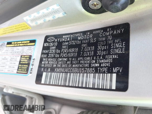 2011 Hyundai Veracruz Limited with VIN KM8NU4CC6BU157885, listed as a IAAI auction lot 42590538 with 145,612 mi miles and . Bid and sale history available at DreamBid. Image 9.