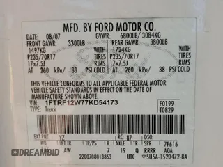 2007 Ford F-150 XL with VIN 1FTRF12W77KD54173, listed as a Copart auction lot 47970145 with 139,563 mi miles and Clean Title. Bid and sale history available at carsss.com. Image 12.