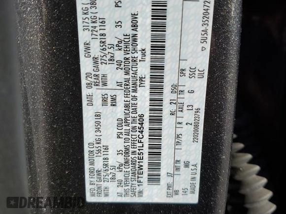 2020 Ford F-150 XL with VIN 1FTEW1E51LFC45406, listed as a Copart auction lot 45485805 with Not Provided miles and Salvage Title. Bid and sale history available at carsss.com. Image 12.