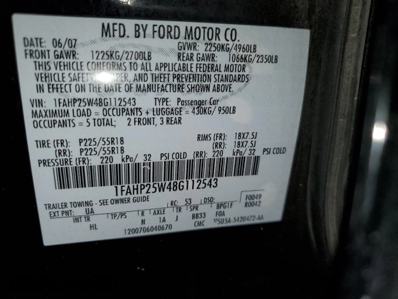 2008 Ford Taurus Limited with VIN 1FAHP25W48G112543, listed as a Copart auction lot 83317684 with 35,046 mi miles and Salvage Title. Bid and sale history available at DreamBid. Image 12.