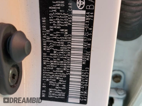 2019 Toyota Corolla L with VIN 5YFBURHE8KP883663, listed as a Copart auction lot 52443625 with 150,025 mi miles and Salvage Title. Bid and sale history available at DreamBid. Image 14.