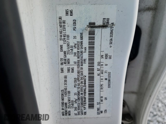 2022 Ford Ranger XL with VIN 1FTER4FH8NLD44472, listed as a Copart auction lot 58608825 with 79,865 mi miles and Salvage title. Bid and sale history available at DreamBid. Image 13.