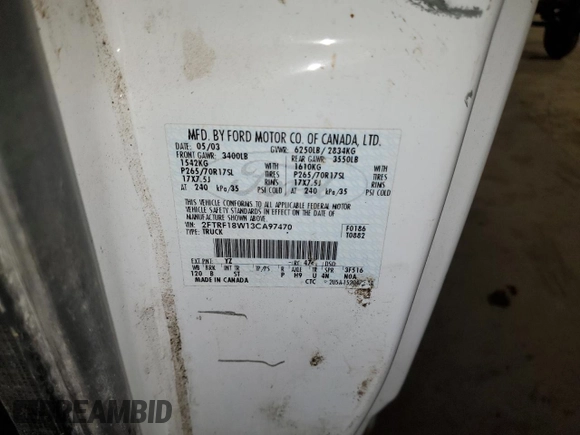 2003 Ford F-150 XL with VIN 2FTRF18W13CA97470, listed as a Copart auction lot 41993215 with Not provided miles and Salvage title. Bid and sale history available at DreamBid. Image 14.