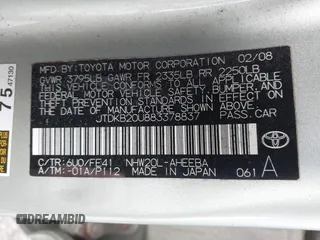 2008 Toyota Prius with VIN JTDKB20U883378837, listed as a IAAI auction lot 41867366 with 147,527 mi miles and . Bid and sale history available at DreamBid. Image 9.
