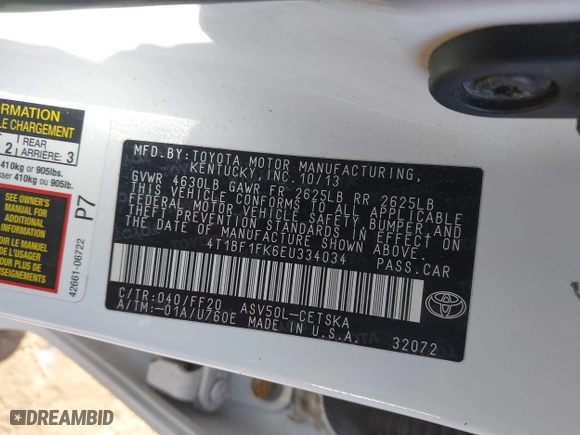 2014 Toyota Camry L with VIN 4T1BF1FK6EU334034, listed as a IAAI auction lot 41792144 with 133,940 mi miles. Bid and sale history available at carsss.com. Image 9.
