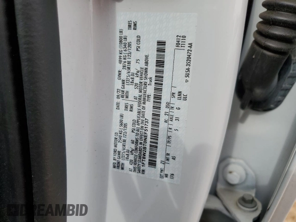 2022 Ford F-250 XL with VIN 1FT8W2BT0NEF51737, listed as a Copart auction lot 58740715 with 29,126 mi miles and Salvage title. Bid and sale history available at DreamBid. Image 13.